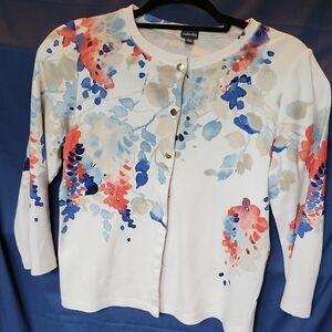 Rafaella Women's Sweater - Blue, Orange Watercolor Floral Design